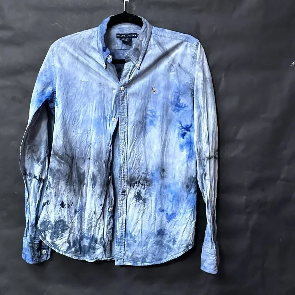 Ralph Lauren Cotton Blue Shirt Tie Dye  Casual Button Down Dress Size 16 Xl